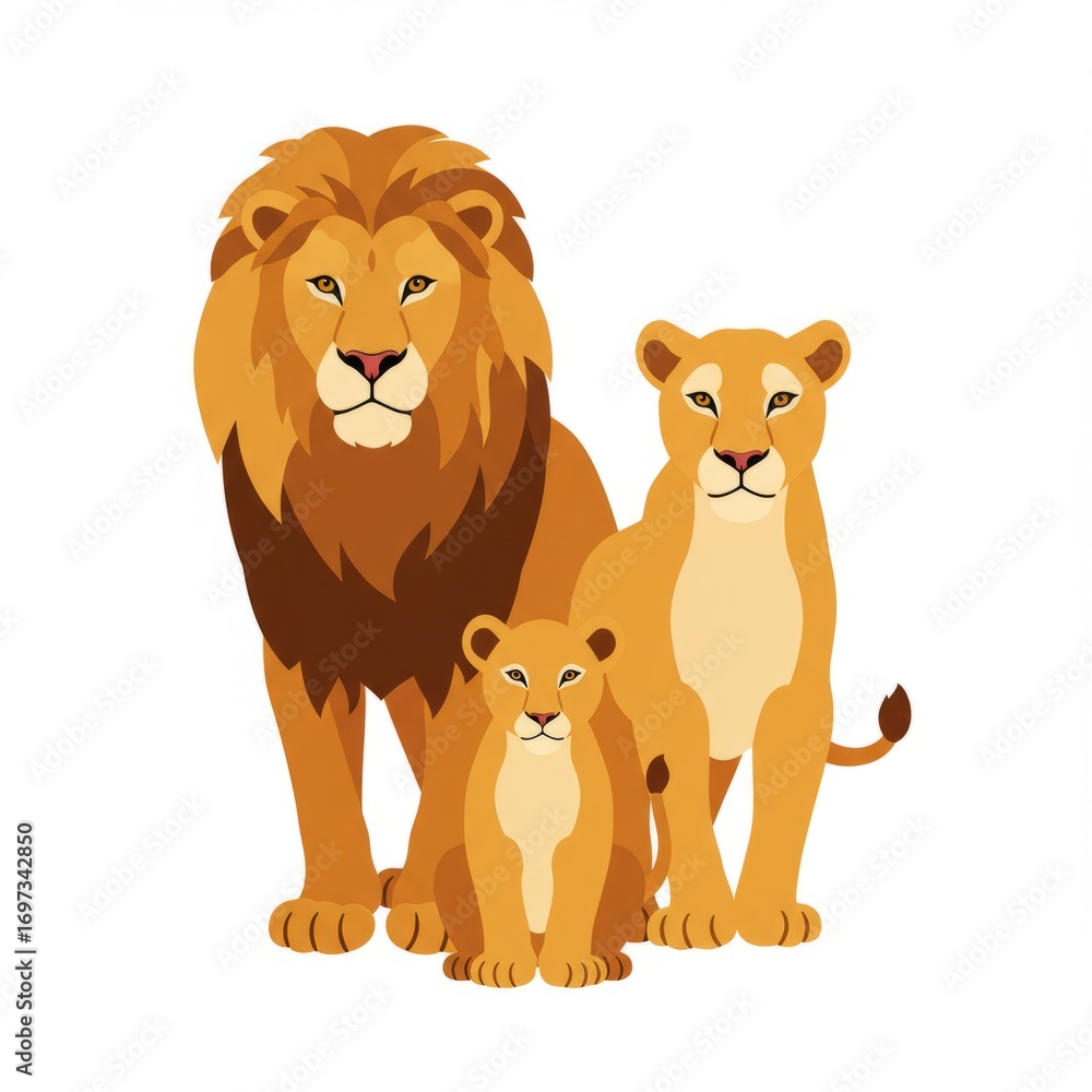 Fototapeta premium Flat design vector illustration of a lion on white background. Cartoon style wild animal artwork perfect for wildlife, zoo, safari, mascot, and educational design.