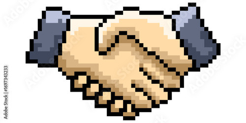 Pixel handshake deal icon vector. Ideal for business, partnership, and agreement themes. A modern, digital icon that merges a classic gesture with a pixelated, technology-inspired look.