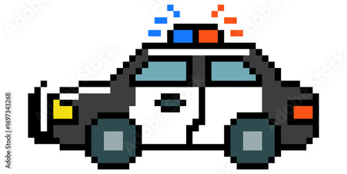 Pixel police car icon vector. Perfect for law enforcement, security, and urban themes. A unique icon that merges a classic vehicle with a modern, digital, and pixelated aesthetic.