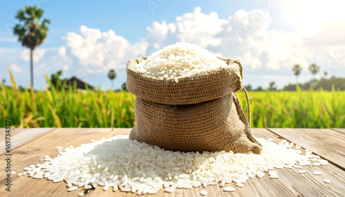 White rice grain burlap sack wooden table green field blue sky sunlight close up natural light agriculture harvest food