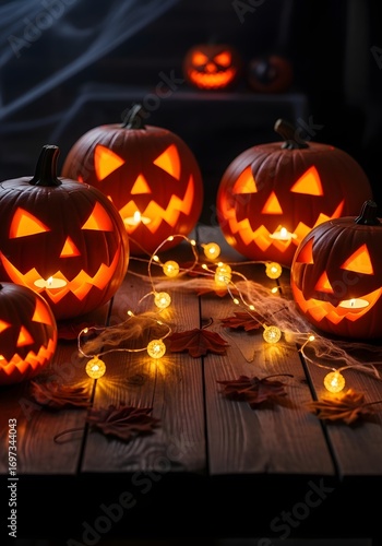 Spooky halloween pumpkin lanterns on rustic table with glowing lights for autumn celebration decor