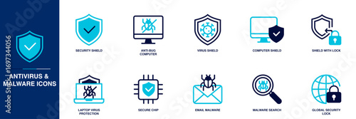 Antivirus and Malware Blue Colored Outline Icon Set