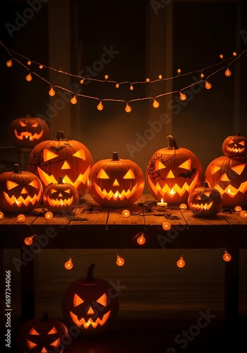 Spooky halloween pumpkins and string lights on wooden table for festive decoration and celebration ambiance