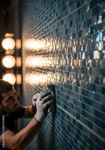 Worker polishing blue tiled wall in dimly lit interior for renovation and design inspiration