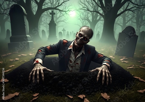 Eerie halloween night with zombie rising from grave in spooky cemetery setting