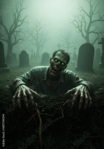 Eerie graveyard scene with zombie rising at night for halloween design