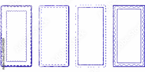 Collection of four decorative blue rectangular frames with unique edges and dashed lines on white background
