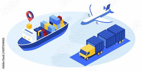 Global logistics and transportation services with cargo ship airplane and truck carrying containers