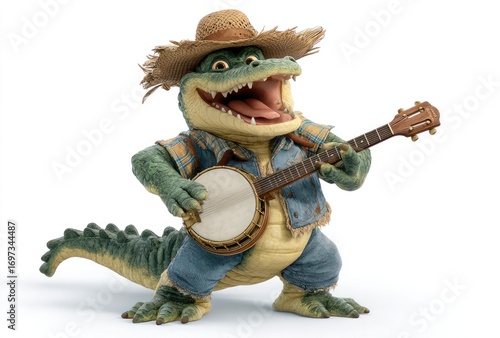 Animated alligator playing banjo, wearing straw hat and denim shirt on white background, standing on two legs