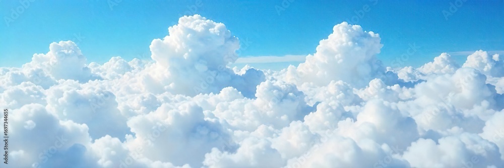 Naklejka premium Fluffy white clouds resemble cotton balls piled high in a vast, blue sky; a breathtaking, ethereal landscape of natural beauty and wonder , awesome, picturesque