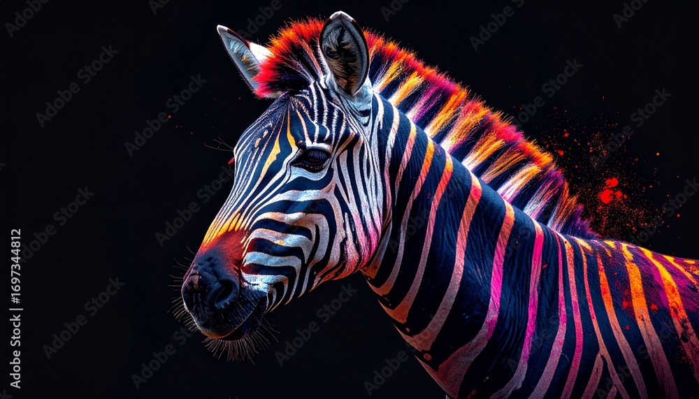 Fototapeta premium a colorful zebra with a black background and a red spot in the middle of the picture is a black background with a red spot in the middle of the zebra's head.