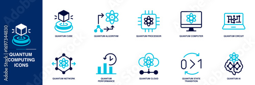 Quantum Computing Blue Colored Outline Icon Set