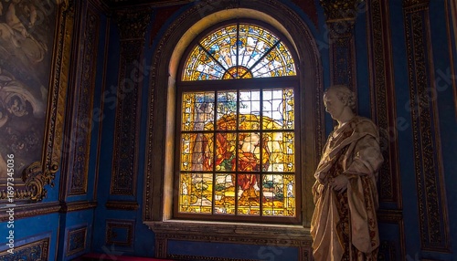 A stately room showcases a stained-glass window, illuminated by natural light, and a classical statue, imbued with rich blue and gold d?cor.