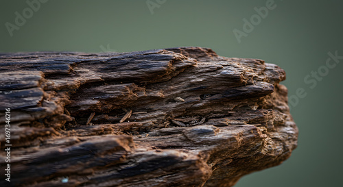 Weathered dark wood fragment with deep grooves, against a muted, blurry green background