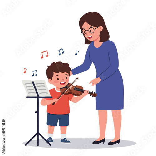 A joyful child happily learns to play the violin with a music teacher gently guiding their hands in a vibrant 2D flat vector illustration set in a simplified classroom.