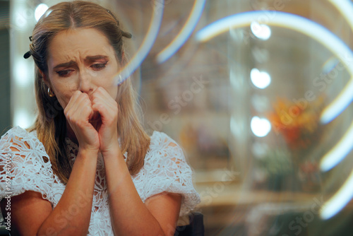 Sad Woman Wearing Professional Makeup felling Anxious. Bride to be worried having pre-wedding jitters being too emotional