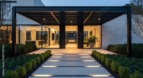 Modern Luxury Home Entrance with Illuminated Walkway at Dusk