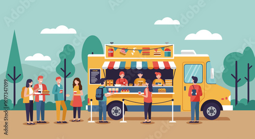 This minimalist flat design vector illustration shows a vibrant food truck serving delicious treats to happy festival-goers at an outdoor music event