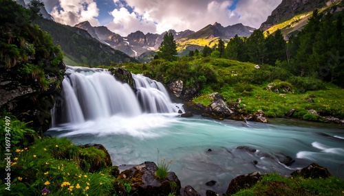 Mountain waterfall cascading into a turquoise river