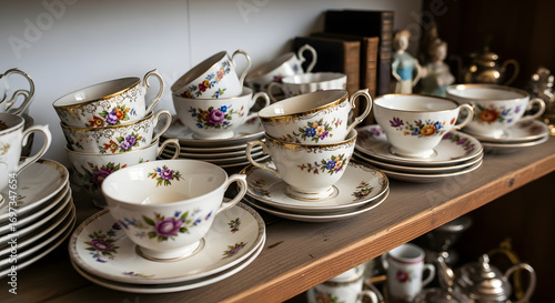 A wooden shelf piled with delicate porcelain teacups and saucers, decorated with floral designs