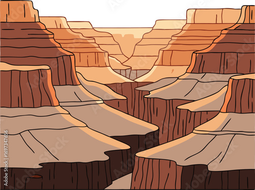 Grand Canyon Landscape Illustration with Layered Red Rocks and Dramatic Formations for Nature, Adventure, and Travel Design Projects