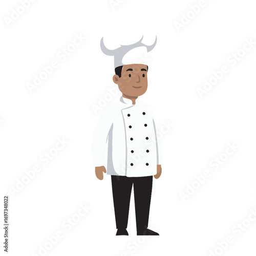 Full-length cartoon illustration of a smiling male chef in a traditional white uniform and toque hat.