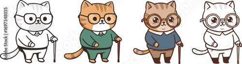 Cute kawaii cat acting like elderly with spectacles, cardigan and cane. International Day of Older Persons