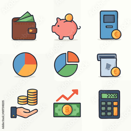 Professional finance icons representing savings growth and digital transactions for business success
