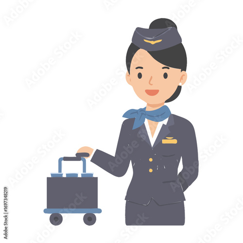 Illustration of a friendly female flight attendant in uniform with her rolling luggage.