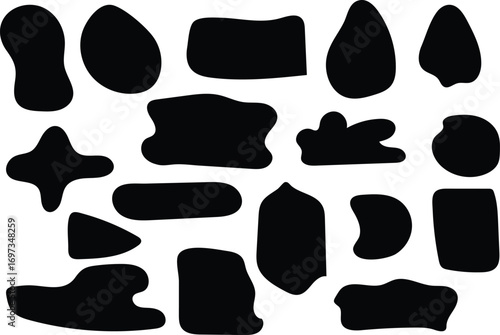 A versatile set of abstract black organic shapes, minimalist geometric forms, and fluid blobs isolated on white, providing essential modern design elements.