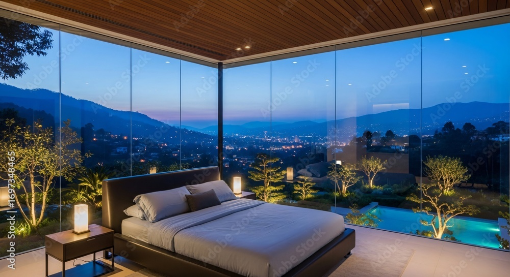 Obraz premium Luxurious Bedroom with Stunning City View at Twilight