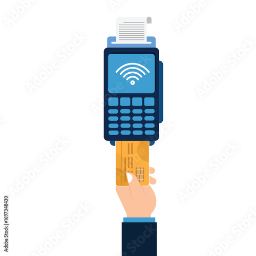 Hand pushing credit card into the pos terminal