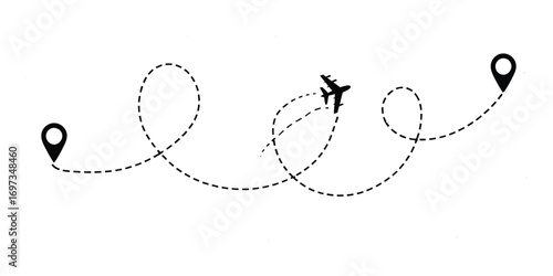 Airplane Flight Path Vector,  Flat Illustration of Airplane with Dotted Line Route Showing Travel, Journey, and Flight Trajectory for Transportation and Travel Design Projects