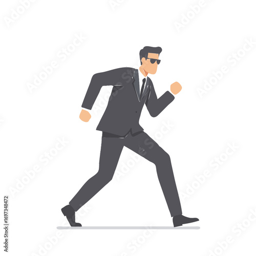 A flat vector illustration of a secret agent or bodyguard in a black suit and sunglasses running with purpose.