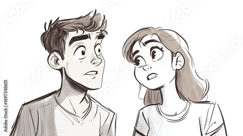 Hand-drawn comic strip showing humorous interaction between two characters, exaggerated expressions, clean ink lines