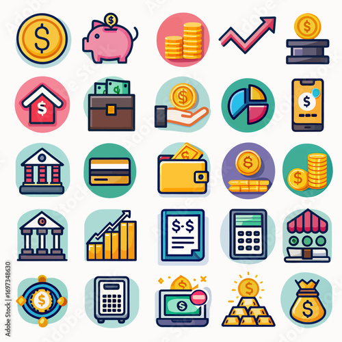 Modern financial icons for business success, investment growth, and wealth creation in a digital world.
