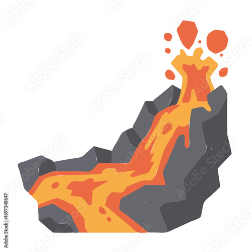 Volcano Erupting with Lava Flowing Down a Rocky Mountain Illustration