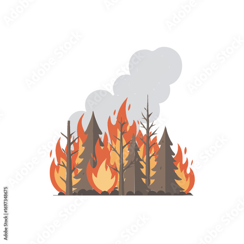 Forest fire illustration. Flames burning trees, wildfire danger, smoke. Environment disaster concept