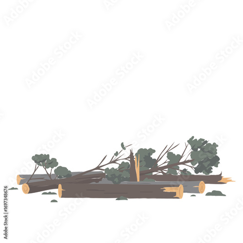 Fallen tree logs with green leaves, deforestation concept, wood, nature, environment