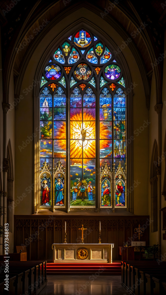 Obraz premium Celestial stained glass window in cathedral interior