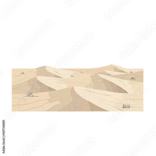 Desert Sand Dunes Landscape Illustration with Sparse Vegetation and Clear Sky