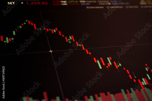 Candlestick chart showing a strong downward trend in financial market, ideal for illustrating stock market crash, investment loss, or economic downturn in business and trading contexts.