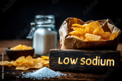 Low Sodium Potato Chips in Brown Paper Bag with Salt - Healthy Snack, Diet Food, Weight Management, Rustic Setting, Food Photography