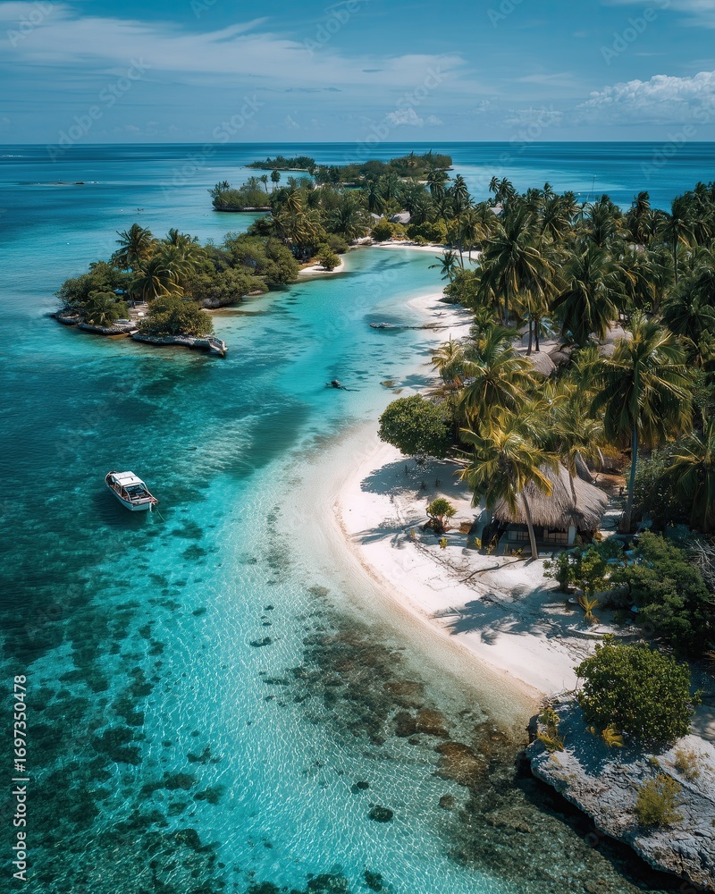 Obraz premium Desert Scenic Beauty – Stunning Aerial View of Tropical Island and Turquoise Waters. awe-inspiring stock image ideal for travel and nature themes