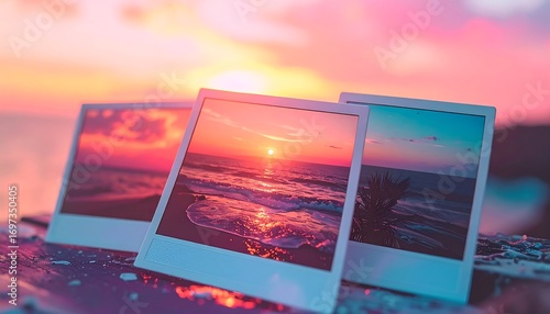 Three instant photos of a sunset