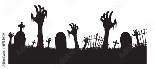 Silhouette of zombie hands. Creepy, crooked zombie lambs protrude from the graveyard soil in this vector illustration collection. Halloween-themed zombie hands. 