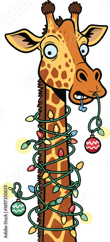 Funny giraffe tangled in christmas lights with ornaments