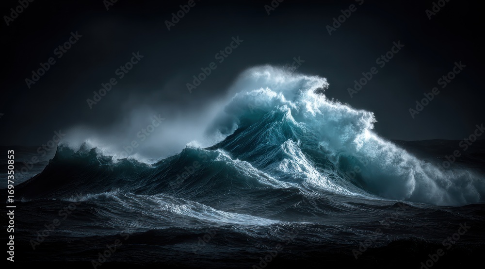 Fototapeta premium Dramatic ocean waves crash and foam, illuminated against a dark sky, displaying power and churning motion