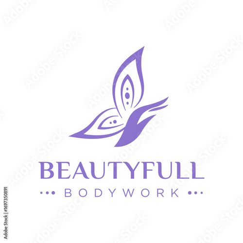 Elegant logo with a purple butterfly and hand, for beauty, spa, or wellness brands. Modern vector symbol for bodywork or therapy business.