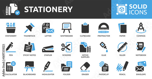 Stationery icon set, office supplies, paper, notebook, ruler, scissors, stapler and more. Designed in a modern solid style.